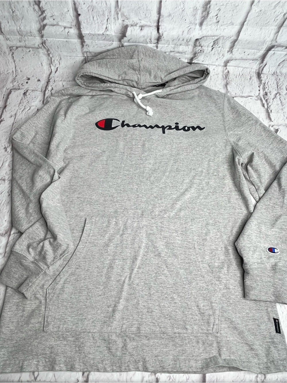 Champion Gray Script Logo Hoodie mens size large